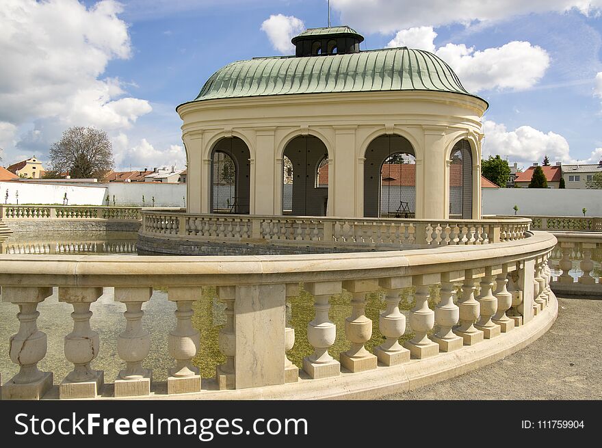 Flower Gardens In French Style And Birdwatching Building In Kromeriz, Czech Republic, Europe