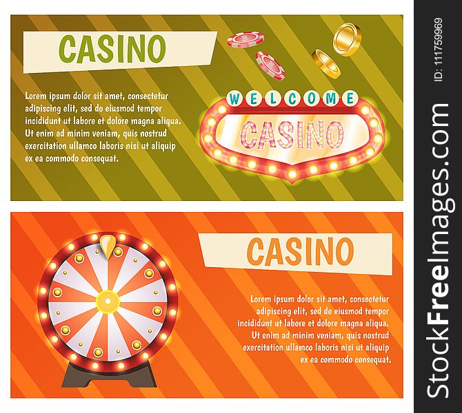 Vector Flat Banners With Casino Icons. Big Win, Slots, Roulette.