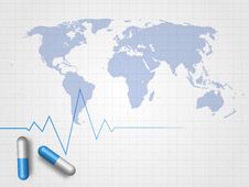Medicines And Heartbeat Line On World Map And Grid Background Represent Medical Concept And Global Connection. Stock Photography