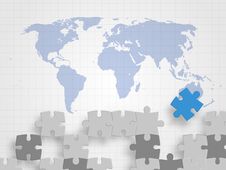 Pieces Of Jigsaw On World Map Represents Concept Of Teamwork, Creative Thinking, Global Connection And Innovation. Royalty Free Stock Image