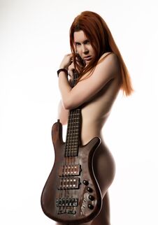 Nude Rock Woman Holding Electric Guitar On A White Background. Stock Photos