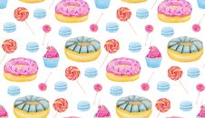 Set Of Sweets With Donuts, Candy, Capcake, Lollipop, Macaroons And Cup Of Coffee On White Background. Colorful Watercolor Pattern. Stock Images