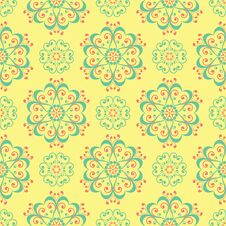 Seamless Pattern With Floral Design. Bright Yellow Background With Pink And Green Flower Elements Stock Photo