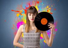 Lady Holding Vinyl Record Stock Images