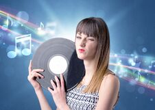 Lady Holding Vinyl Record Royalty Free Stock Images