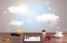 Bright Sky With Clouds And Office Desk Royalty Free Stock Photography