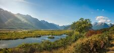 Sun Rays Over Glenorchy Lagoon In New Zealand Stock Photos Sun Rays Over Glenorchy Lagoon In New Zealand Stock Photos