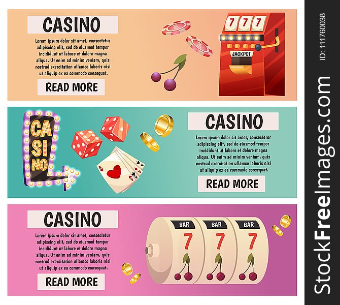 Vector flat banners with casino icons. Big win, slots, roulette.