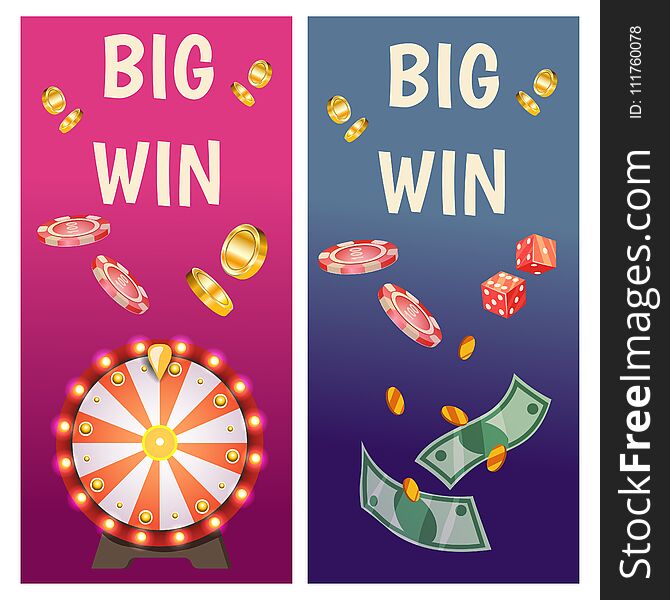 Vector flat banners with casino icons. Big win, slots, roulette.