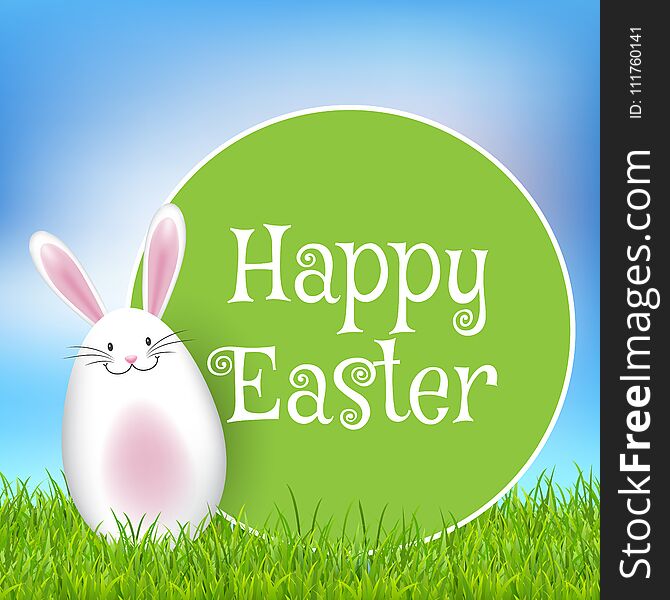 Easter background with cute bunny in grass and round sign
