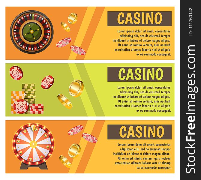 Vector flat banners with casino icons. Big win, slots, roulette.