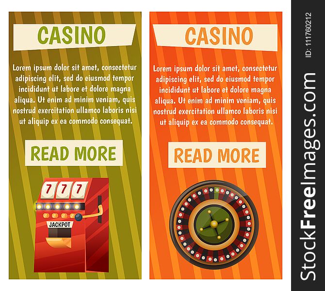 Vector Flat Banners With Casino Icons. Big Win, Slots, Roulette.