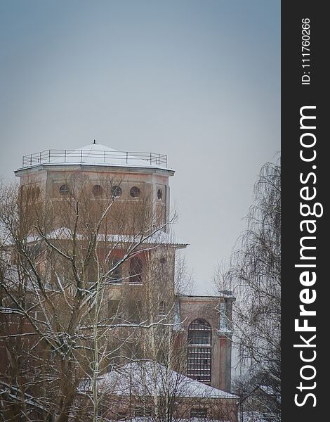 Vintage style red brick building, old factory, winter time landscape. Vintage style red brick building, old factory, winter time landscape.