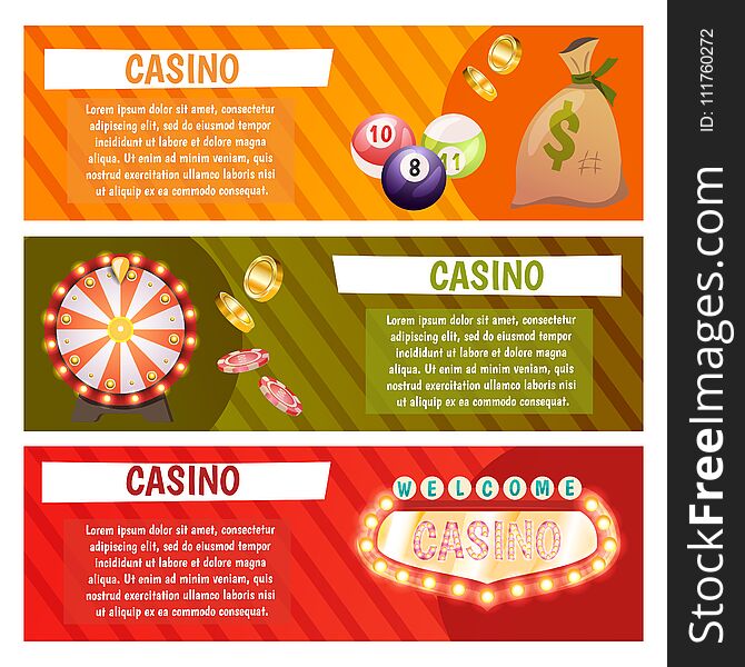 Vector Flat Banners With Casino Icons. Big Win, Slots, Roulette.