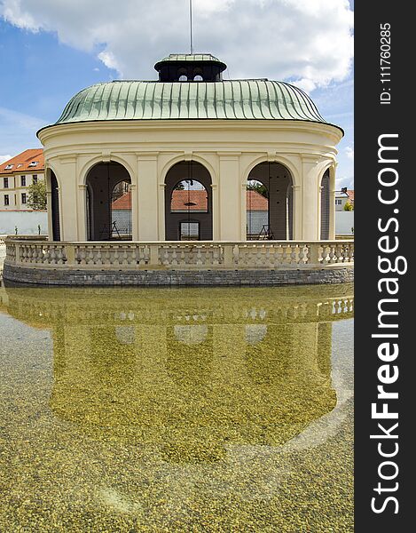 Flower gardens in french style and birdwatching building in Kromeriz, Czech republic, Europe, historic place. Flower gardens in french style and birdwatching building in Kromeriz, Czech republic, Europe, historic place