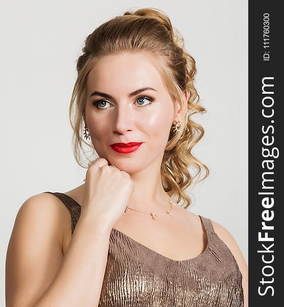 Beautiful Curly Woman With Red Lips Portrait On A Light Background
