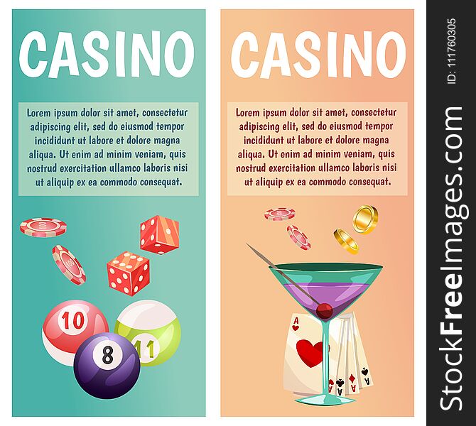Vector flat banners with casino icons. Big win, slots, roulette.