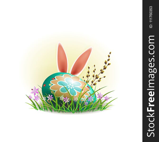 Easter egg with rabbit ears, green grass with flowers and willow branch. Element for design. Easter egg with rabbit ears, green grass with flowers and willow branch. Element for design.