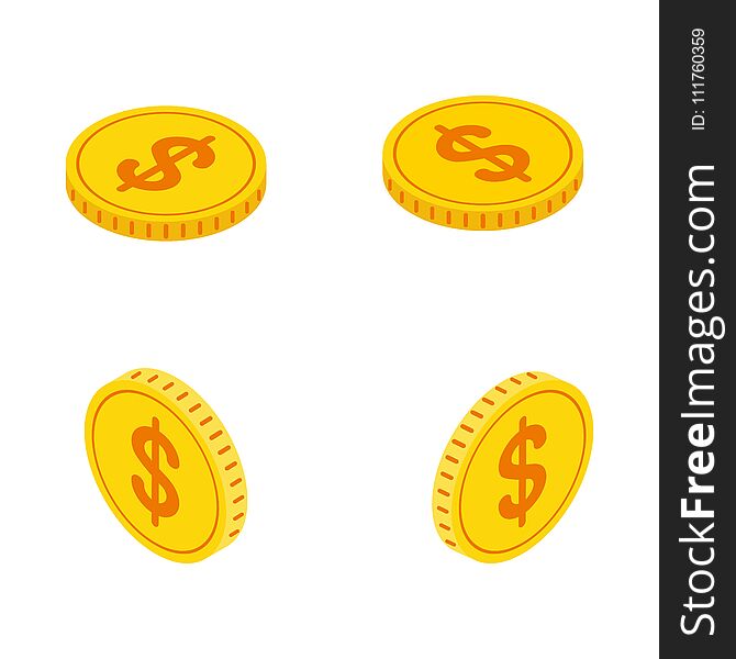 Vector gold isometric golden coins isolated on white background. Flat cartoon vector illustration. Vector gold isometric golden coins isolated on white background. Flat cartoon vector illustration.