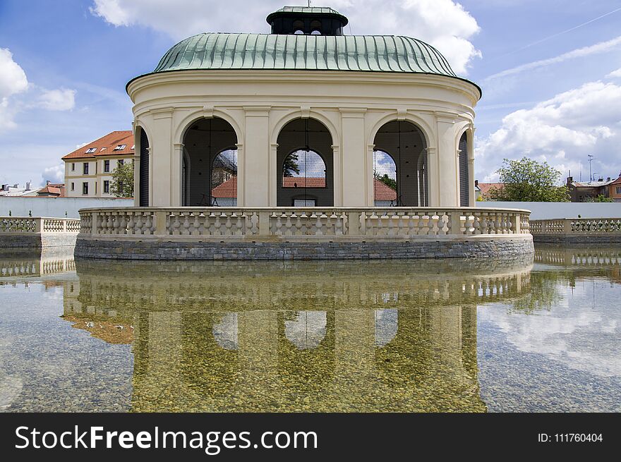 Flower gardens in french style and birdwatching building in Kromeriz, Czech republic, Europe, historic place. Flower gardens in french style and birdwatching building in Kromeriz, Czech republic, Europe, historic place