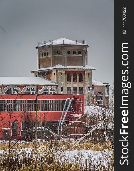 Vintage style red brick building, old factory, winter time landscape. Vintage style red brick building, old factory, winter time landscape.