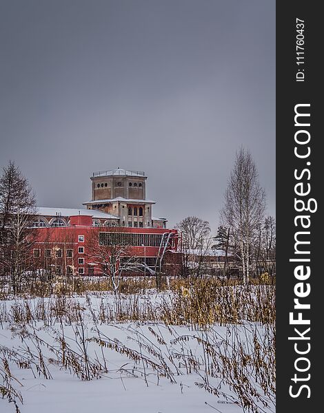 Vintage style red brick building, old factory, winter time landscape. Vintage style red brick building, old factory, winter time landscape.