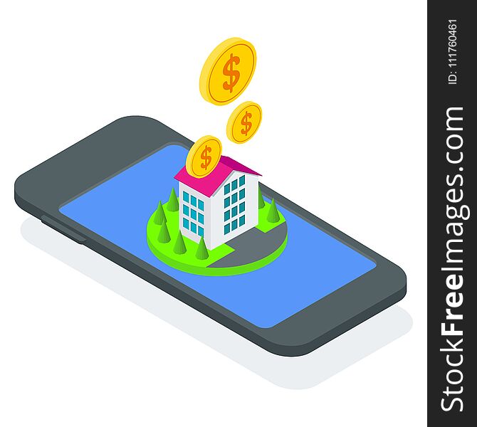 Isometric concept of buying property in mobile app. Flat vector cartoon illustration. Objects isolated on white background. Isometric concept of buying property in mobile app. Flat vector cartoon illustration. Objects isolated on white background.