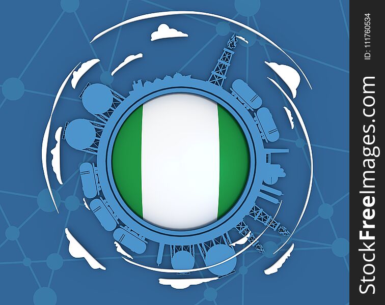 Circle with energy relative silhouettes. Objects located around circle. Industrial design background. Flag of the Nigeria in the center. 3D rendering. Circle with energy relative silhouettes. Objects located around circle. Industrial design background. Flag of the Nigeria in the center. 3D rendering