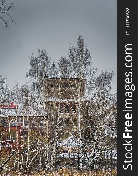 Vintage style red brick building, old factory, winter time landscape. Vintage style red brick building, old factory, winter time landscape.