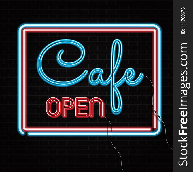 Neon cafe open sign on brick wall