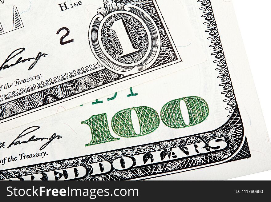 Close-up end stacked photo of one dollar and hundred-dollar bill