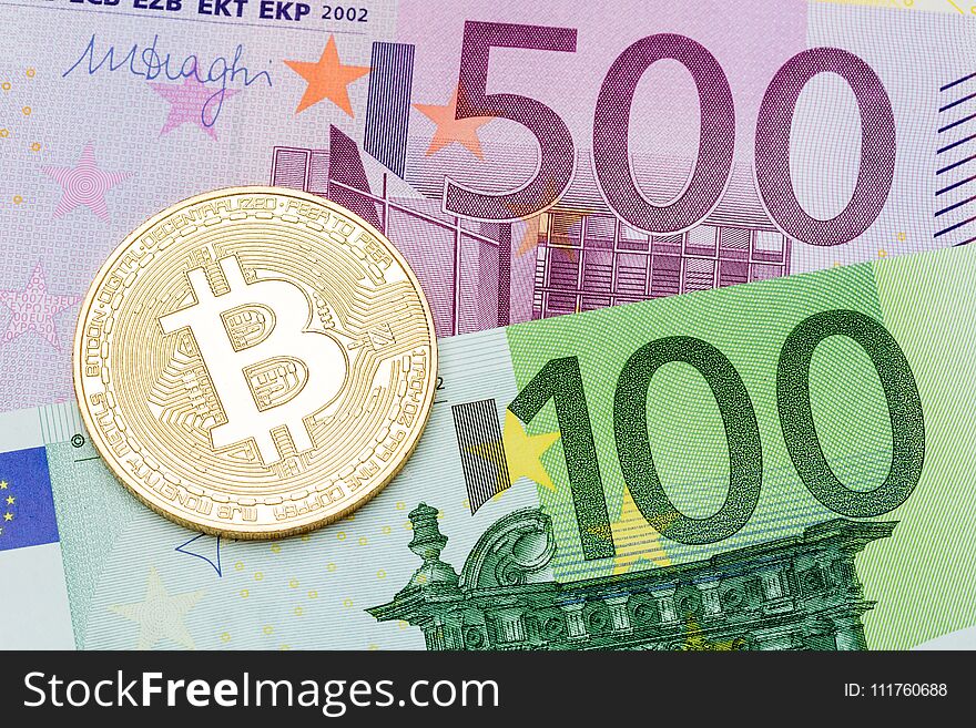 Golden bitcoin Euro background. Bitcoin cryptocurrency. High resolution photo.