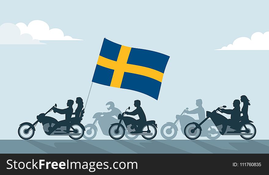 Bikers On Motorcycles With Sweden Flag