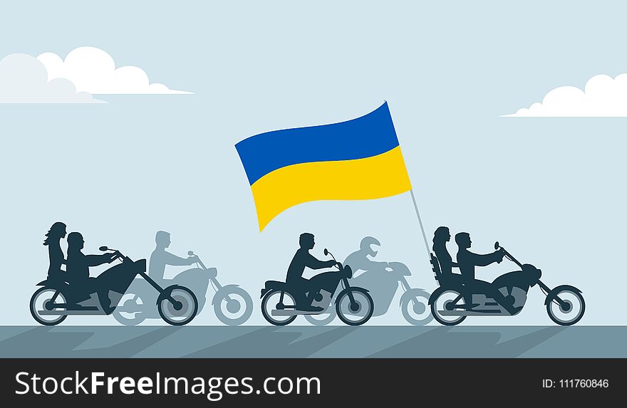 Bikers On Motorcycles With Ukraine Flag