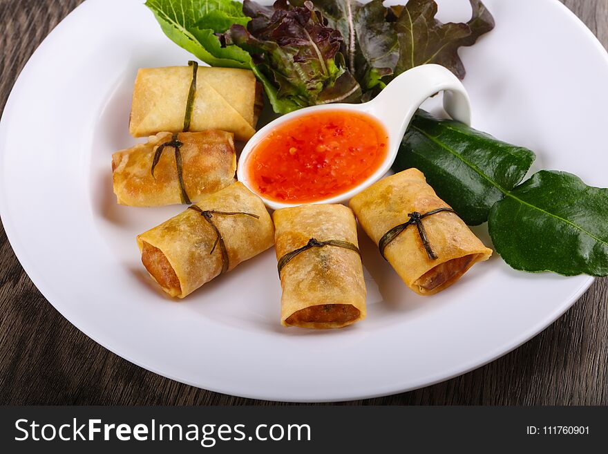 Traditional Asian spring roll with shrimps and vegetables