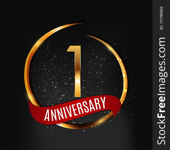 Template Gold Logo 1 Years Anniversary with Red Ribbon Vector Illustration