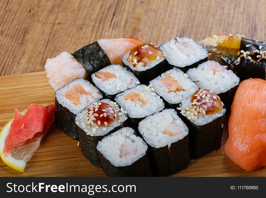 Sushi and roll mix with salmon, eel and prawn