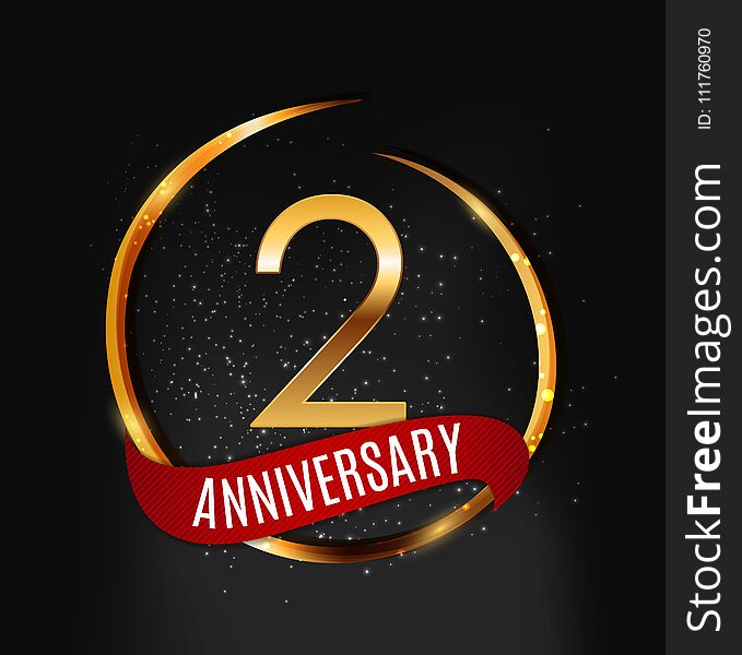 Template Gold Logo 2 Years Anniversary with Red Ribbon Vector Illustration