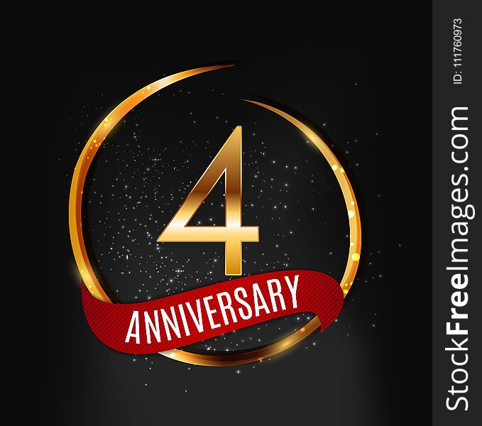 Template Gold Logo 4 Years Anniversary with Red Ribbon Vector Illustration