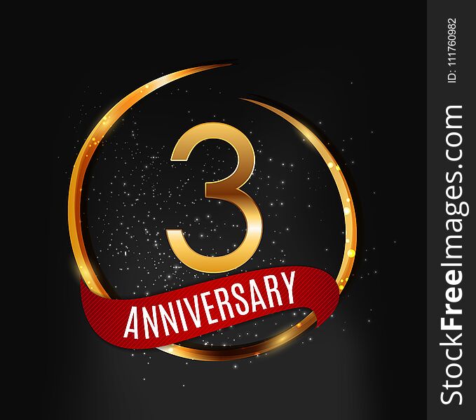 Template Gold Logo 3 Years Anniversary with Red Ribbon Vector Illustration EPS10
