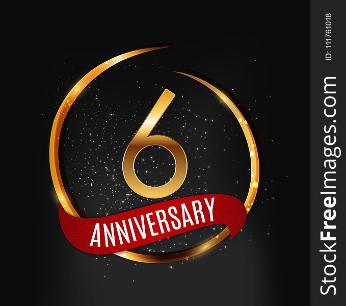 Template Gold Logo 6 Years Anniversary with Red Ribbon Vector Illustration