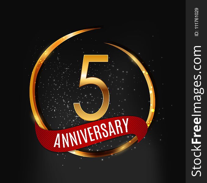 Template Gold Logo 5 Years Anniversary with Red Ribbon Vector Illustration