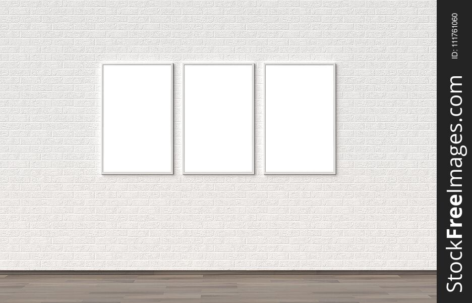 Empty Frame mock ups on white brick wall. 3D illustrating.