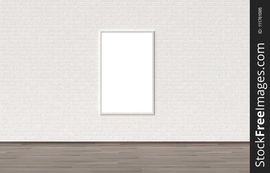 Empty Frame mock up on white brick wall. 3D illustrating.