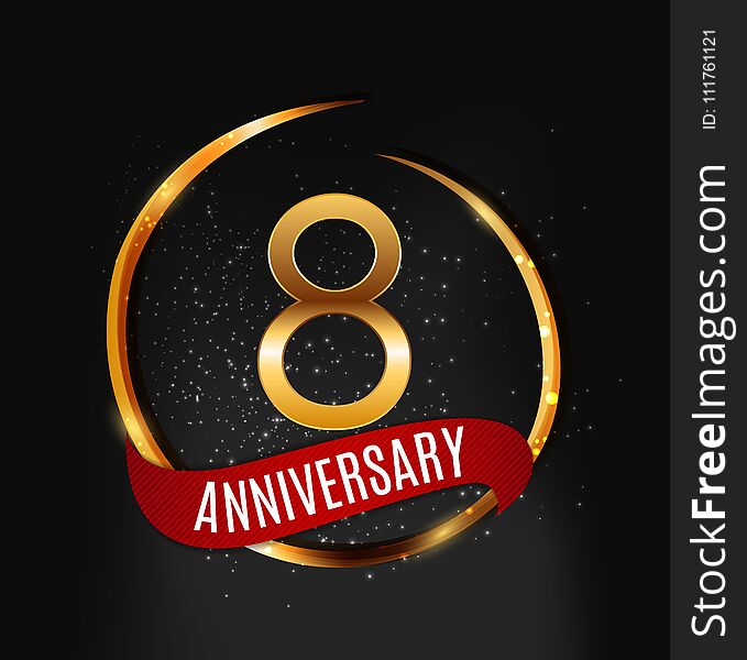 Template Gold Logo 8 Years Anniversary with Red Ribbon Vector Illustration