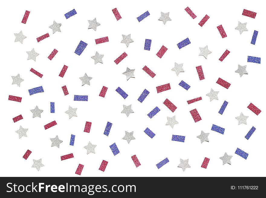 Blue red and white glitter star paper cut on white background