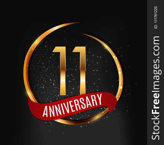 Template Gold Logo 11 Years Anniversary with Red Ribbon Vector Illustration EPS10
