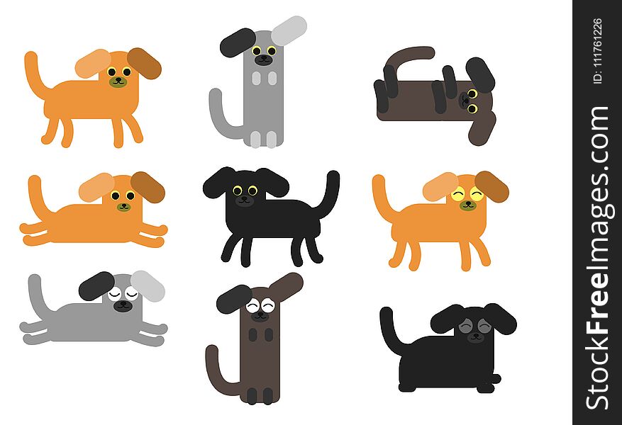 A set of dogs in different poses and colors. Simple geometric flat style vector illustration