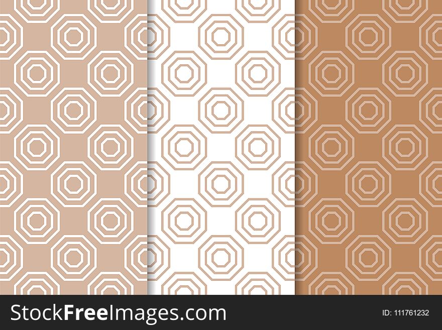 Brown and white set of geometric seamless patterns for web, textile and wallpapers