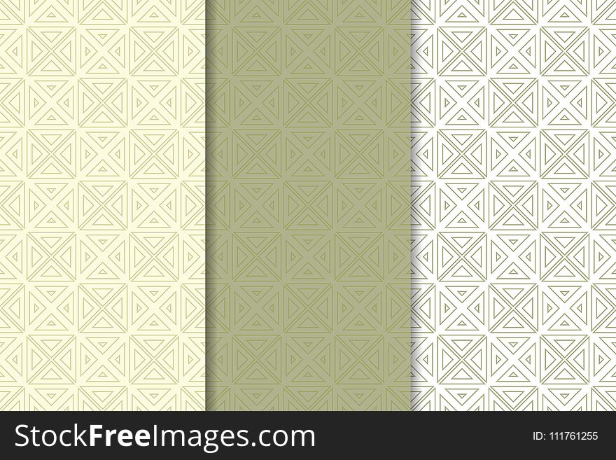 Olive Green And White Geometric Ornaments. Set Of Seamless Patterns